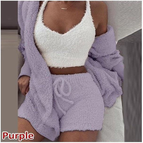 Women’s 3-Piece Plush Home Loungewear Set, Elegance Couture