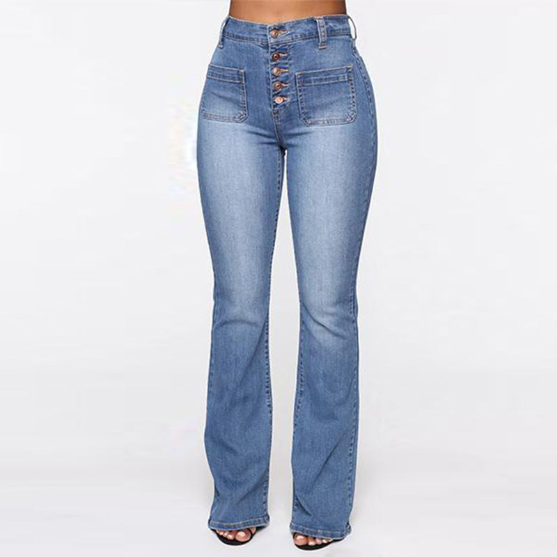 Plus Size High Waist Patch Pocket Denim Jeans, Elegance Couture