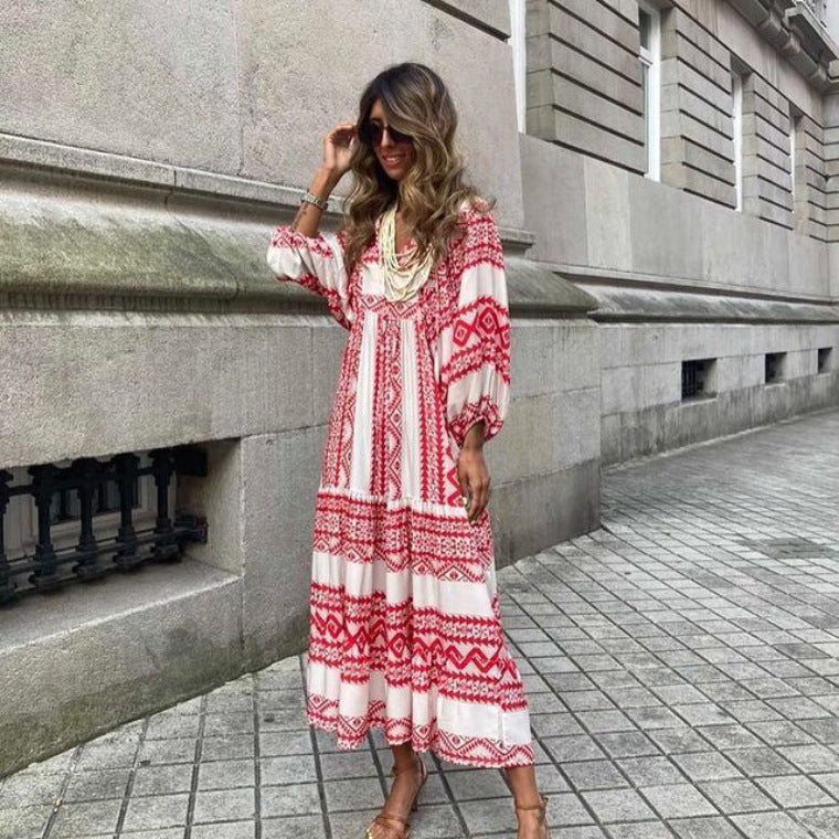 Women’s Bohemian Vintage Printed V-Neck Summer Dress, Elegance Couture