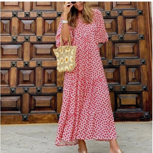 Women’s Bohemian Vintage Printed V-Neck Summer Dress, Elegance Couture