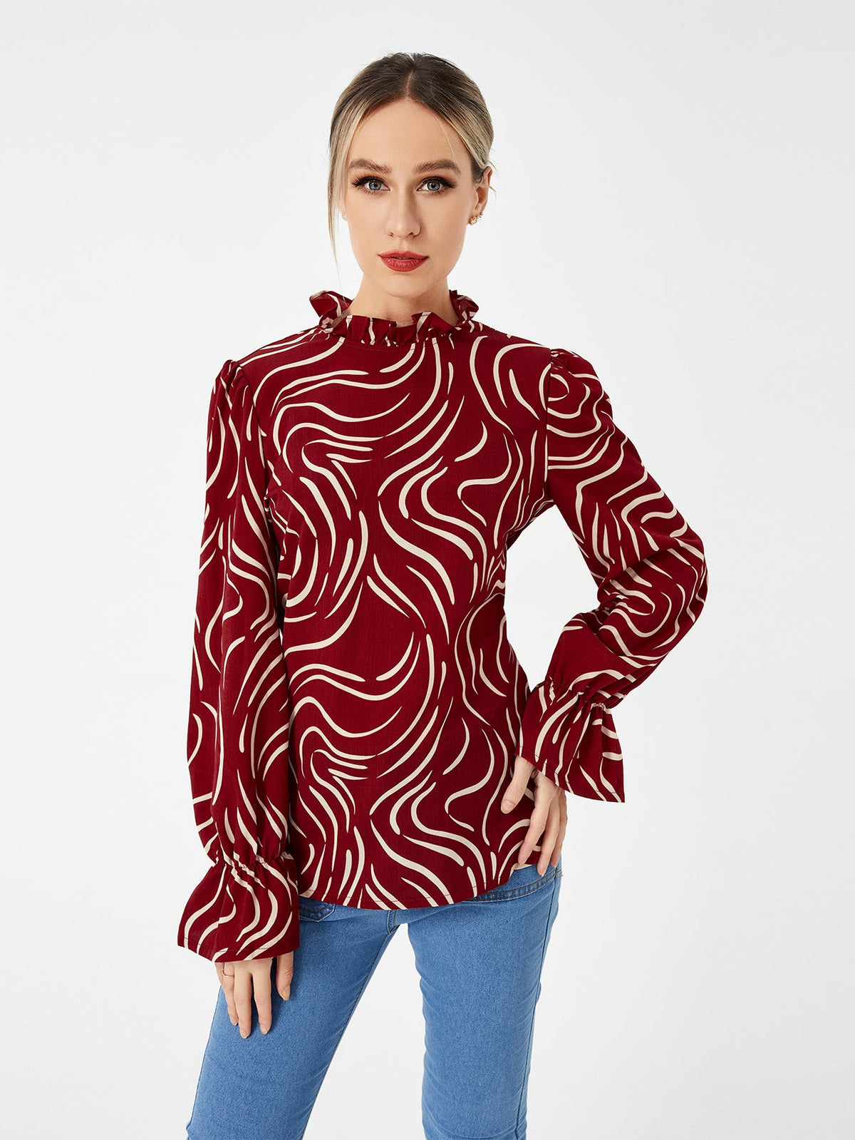Ladies Graphic Balloon Sleeve Casual Shirt, Elegance Couture