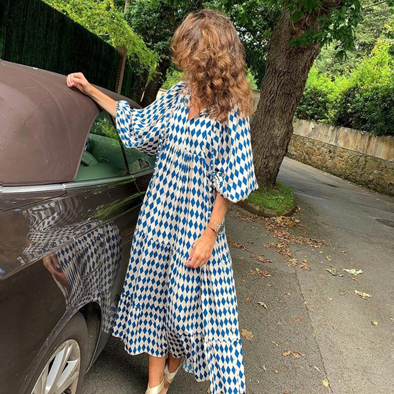Women’s Bohemian Vintage Printed V-Neck Summer Dress, Elegance Couture
