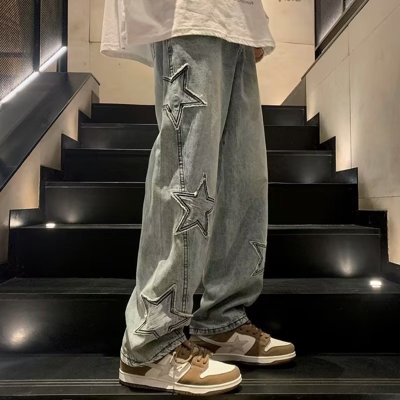 Star Embroidery Wide Leg Y2K Streetwear Denim Jeans, Elegance Couture