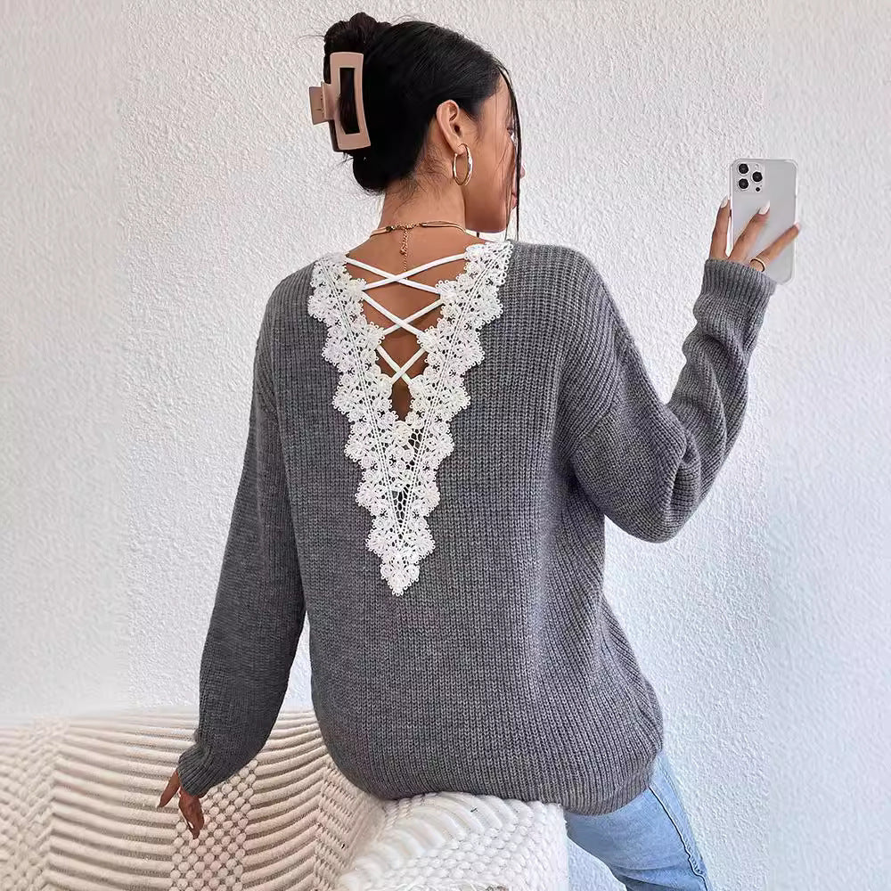 Y2K Backless V-Neck Cashmere Sweater for Women, Elegance Couture