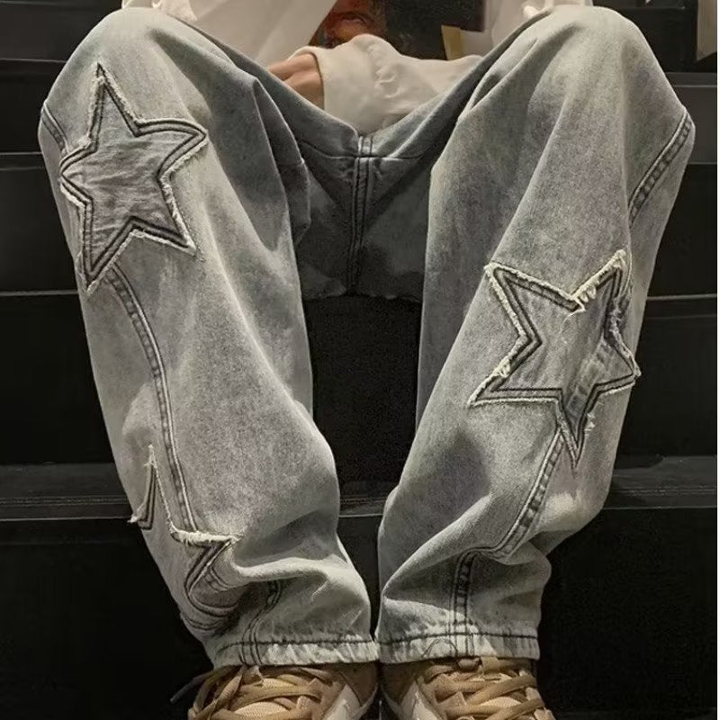 Star Embroidery Wide Leg Y2K Streetwear Denim Jeans, Elegance Couture