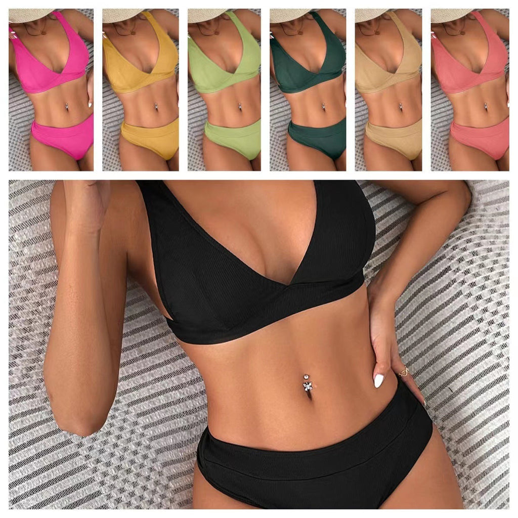 Women’s Ribbed Lace-Up Split Bikini Swimwear, Elegance Couture